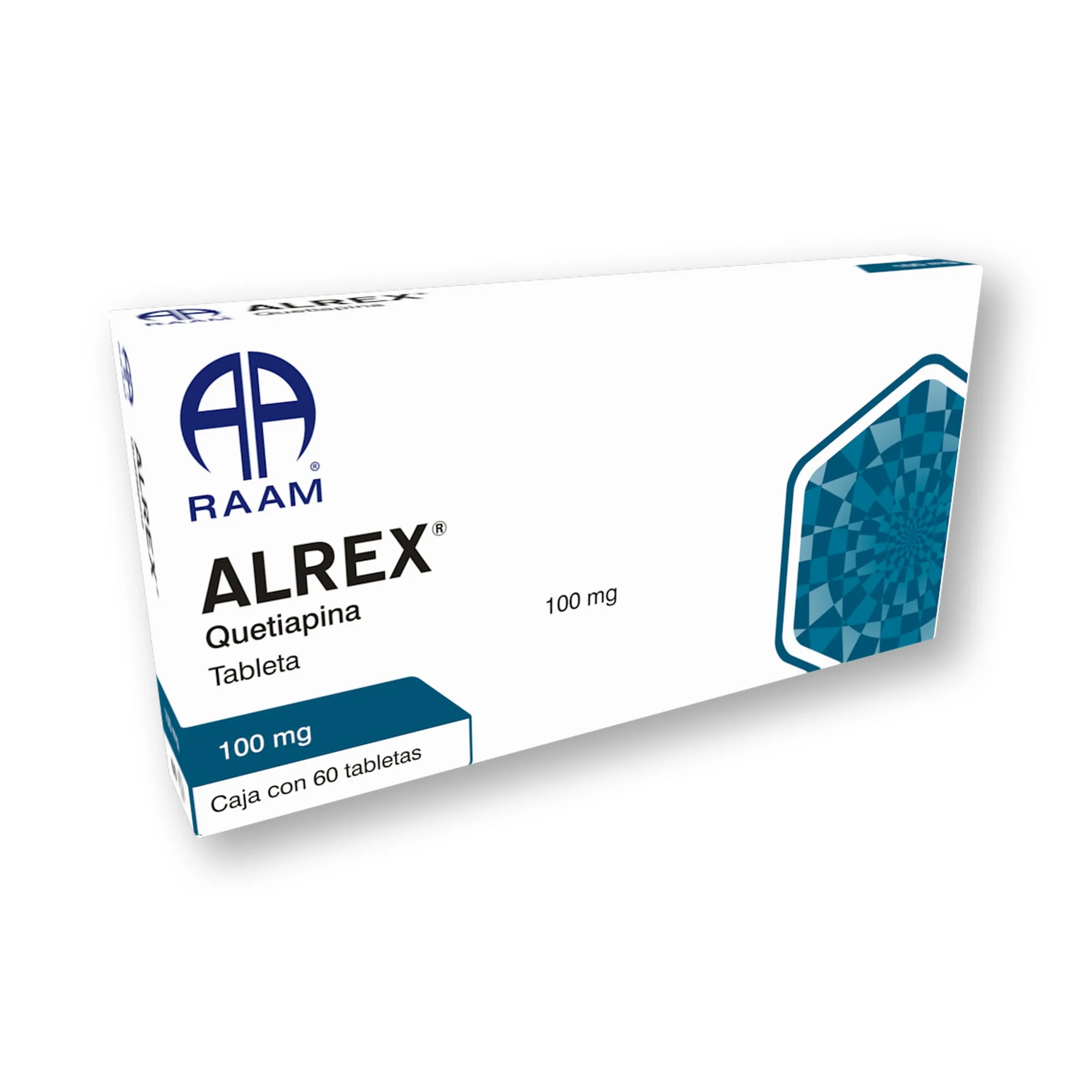 Quetiapina 100 mg 60 Tabletas ALREX | Vista lateral de la caja Lado lateral de la caja de Quetiapina 100 mg 60 Tabletas ALREX