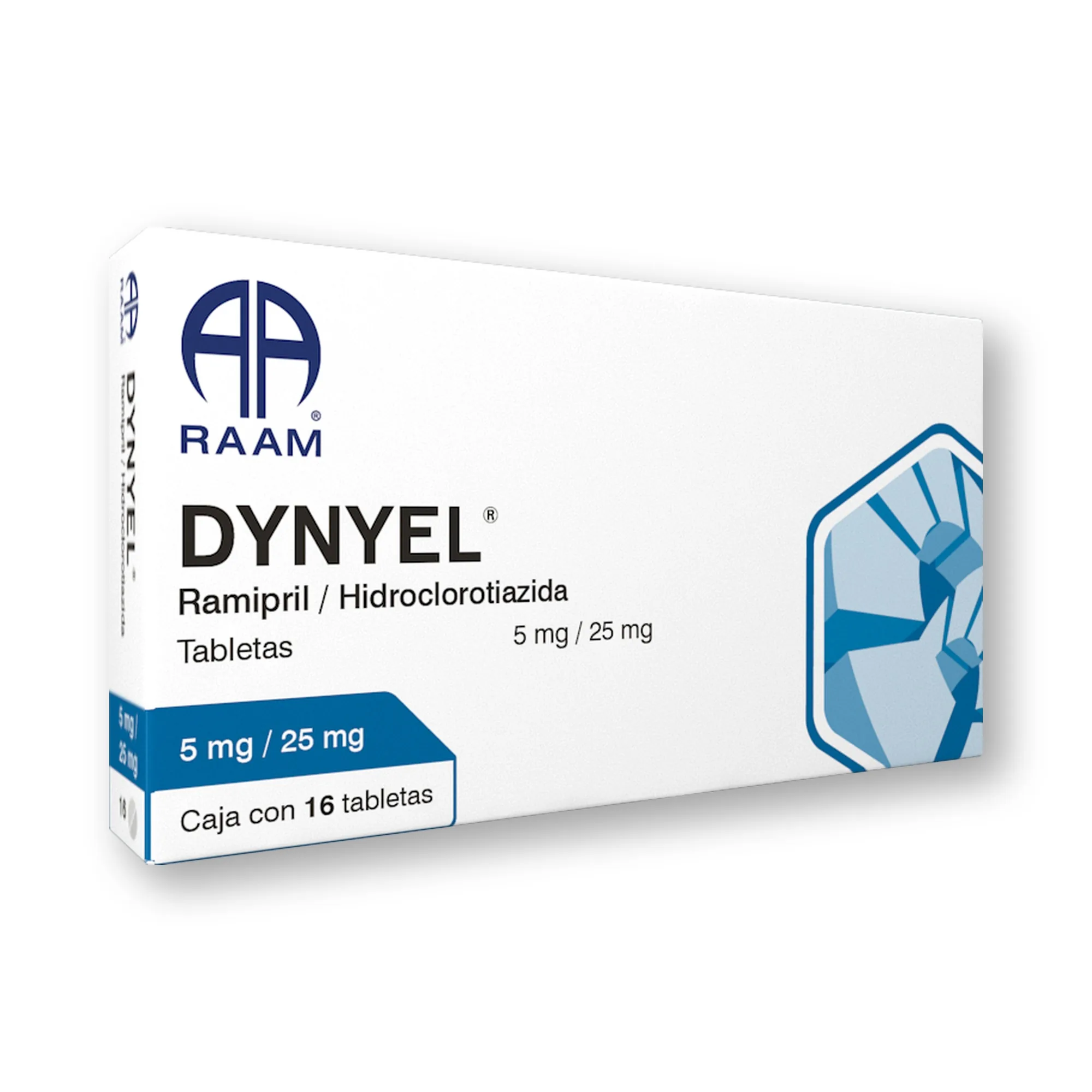 Frente de la caja de Ramipril - Hidroclorotiazida 25 mg 16 Tabletas DYNYEL