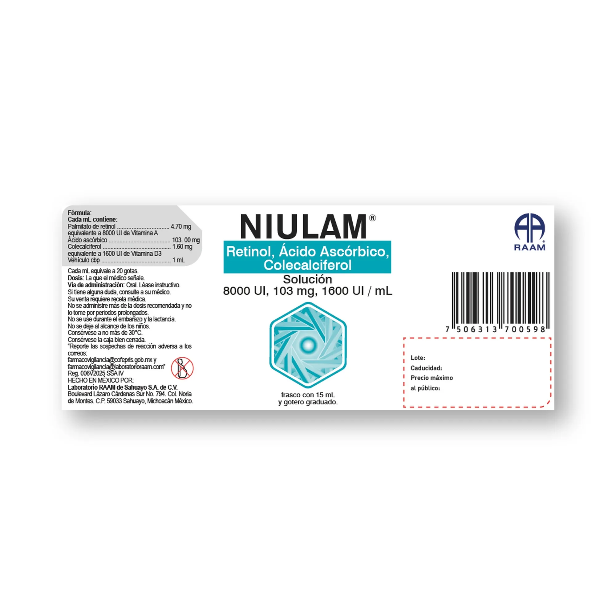Frente de la caja de Retinol - Ácido Ascórbico - Colecalciferol 103 mg NIULAM