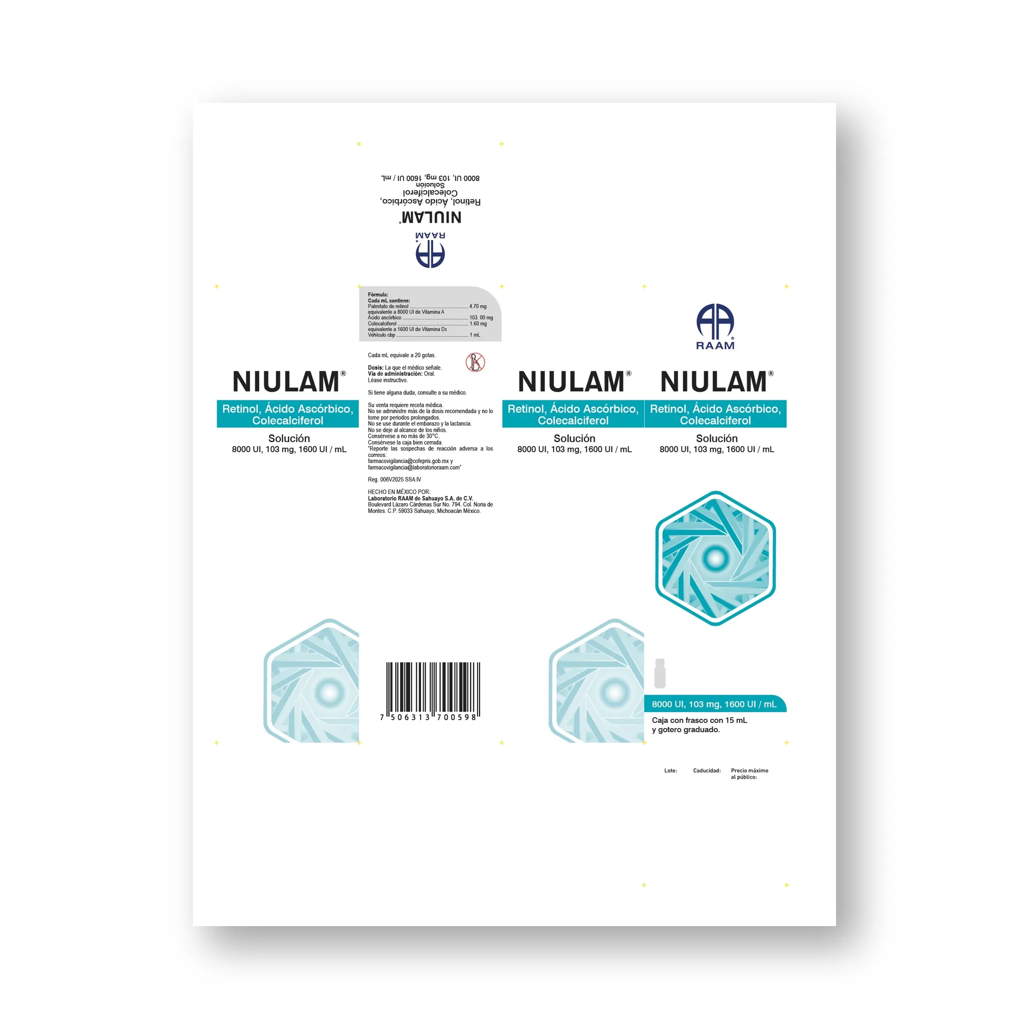 Lado lateral de la caja de Retinol - Ácido Ascórbico - Colecalciferol 103 mg NIULAM