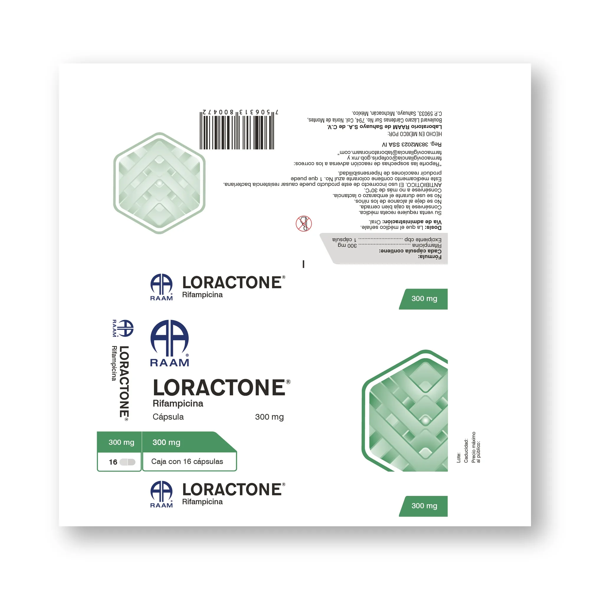 Frente de la caja de Rifampicina 300 mg 16 Cápsulas LORACTONE