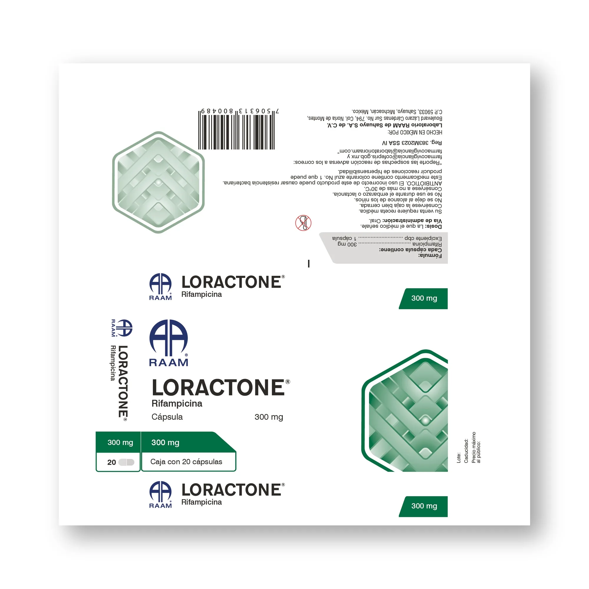 Lado lateral de la caja de Rifampicina 300 mg 16 Cápsulas LORACTONE