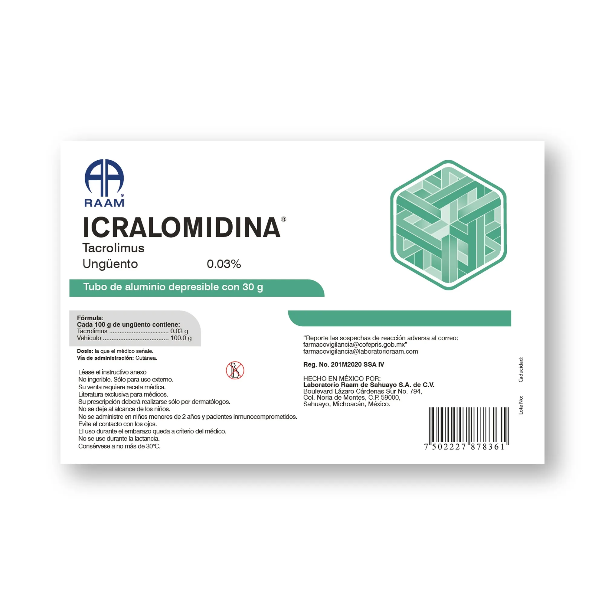 Tacrolimus 0.03 mg 30 g ICRALOMIDINA | Detalle de empaque Detalle de empaque de Tacrolimus 0.03 mg 30 g ICRALOMIDINA