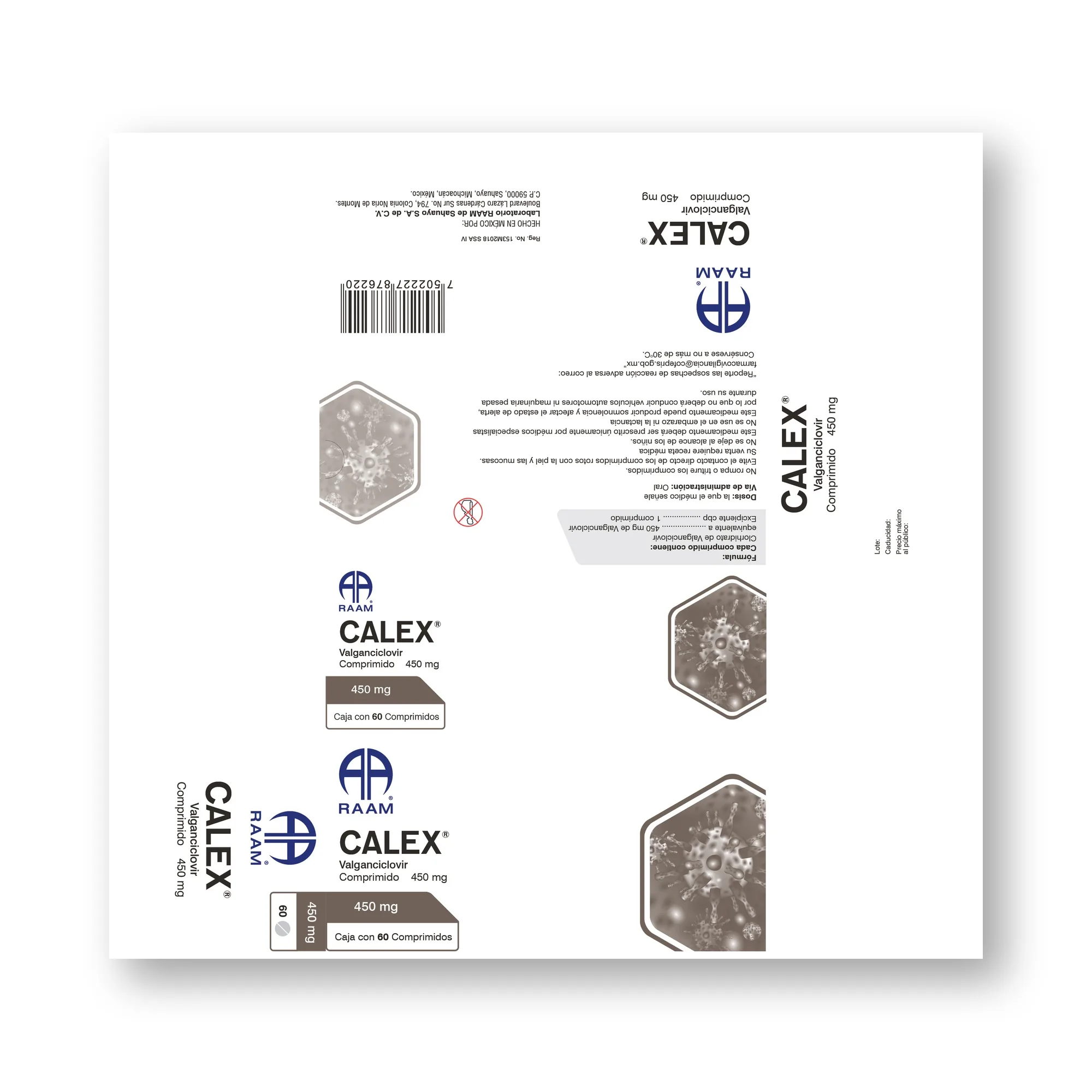 Detalle de empaque de Valganciclovir 450 mg 60 Tabletas CALEX