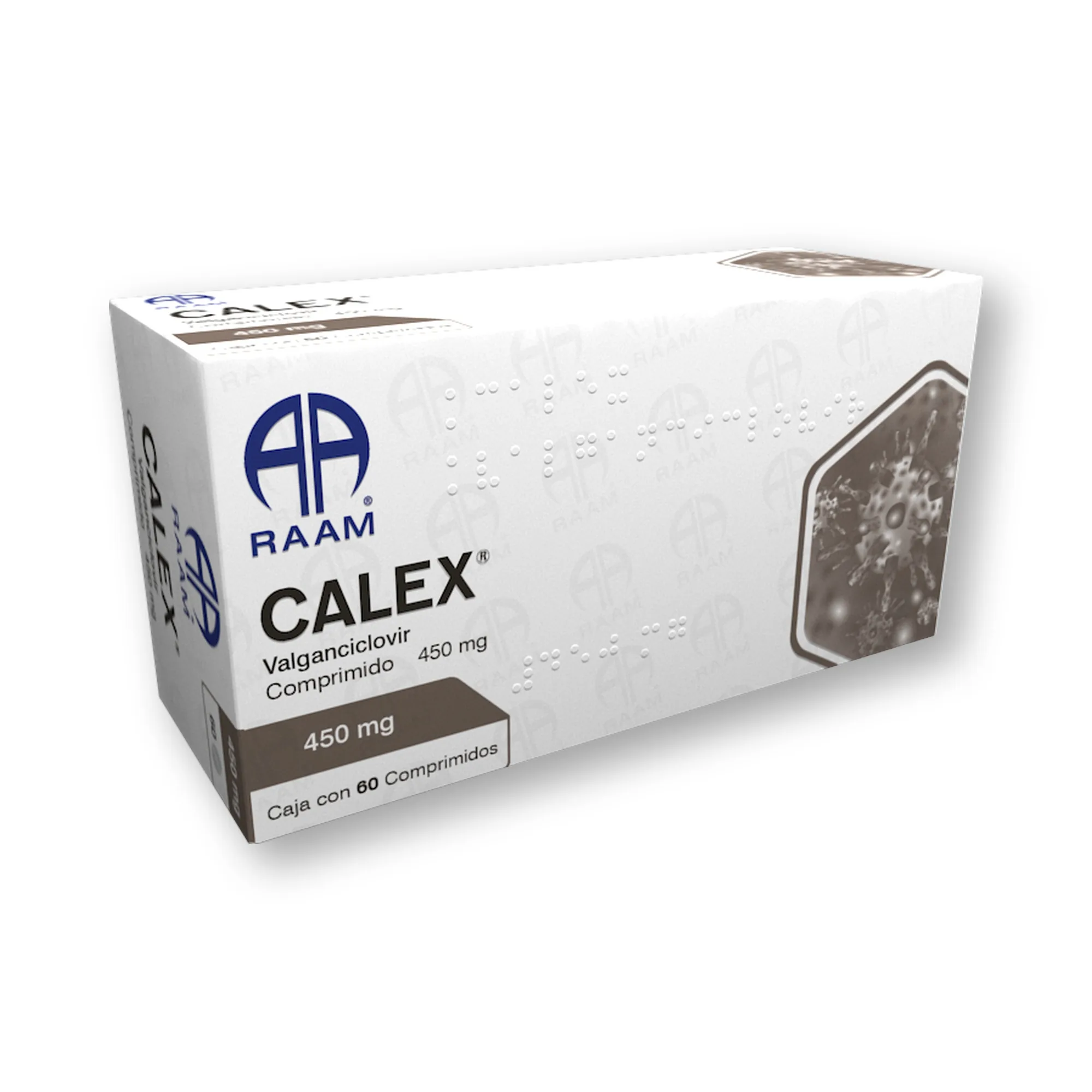 Frente de la caja de Valganciclovir 450 mg 60 Tabletas CALEX