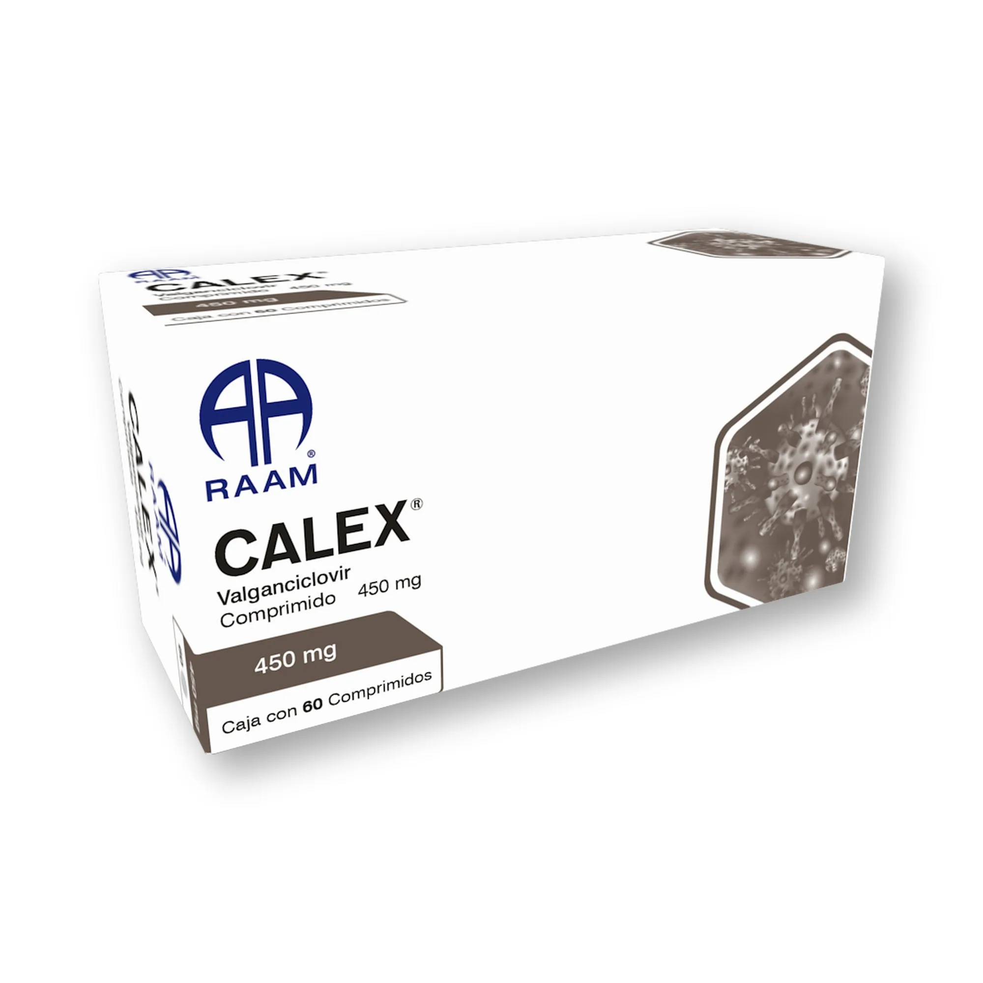 Lado lateral de la caja de Valganciclovir 450 mg 60 Tabletas CALEX