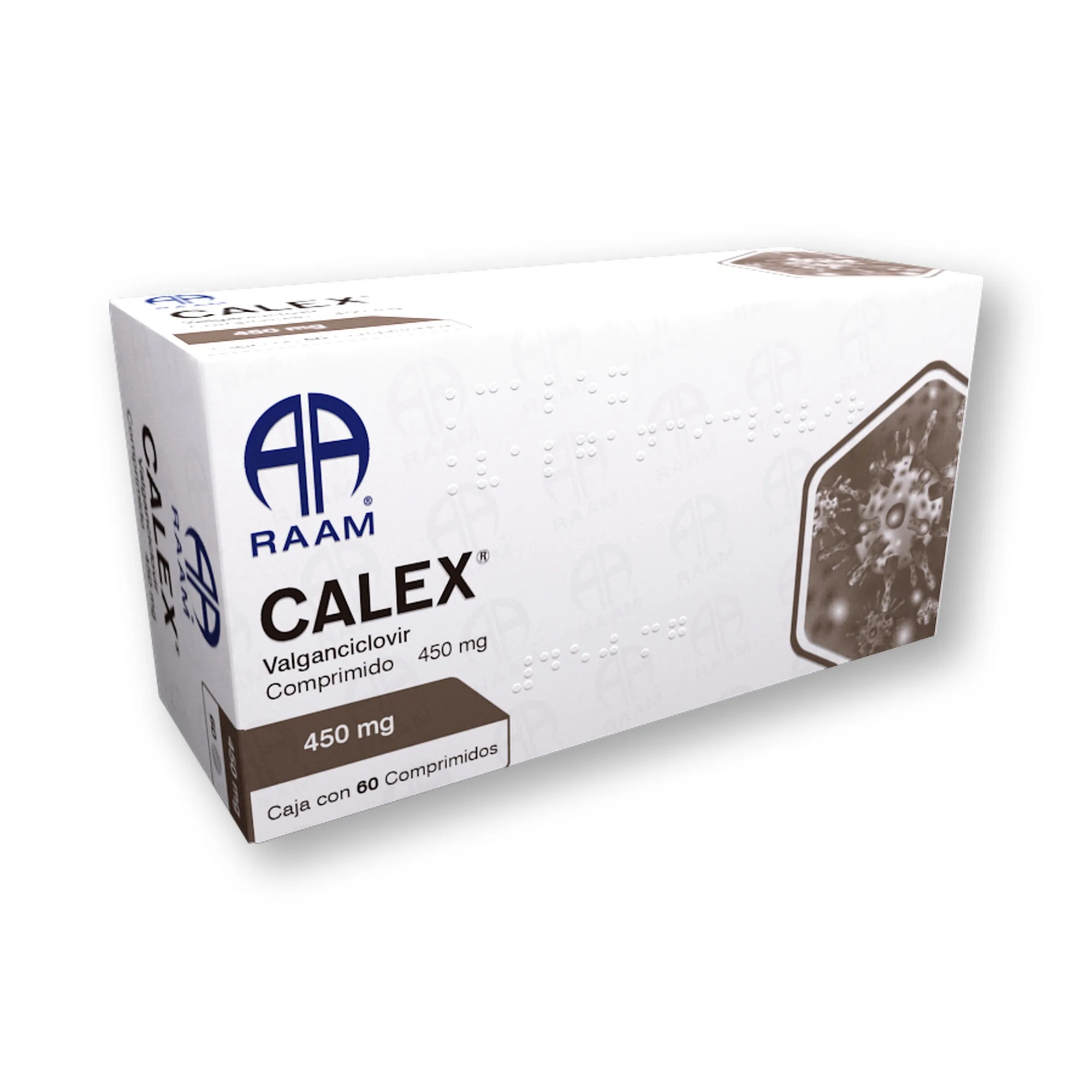 Posterior de la caja de Valganciclovir 450 mg 60 Tabletas CALEX